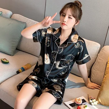 

2020 Black Women's 2 Pieces Pajamas Sets Emulation Silk Printed Spring Summer Autumn Pyjama Women Sleepwear Sets Homewear 2020