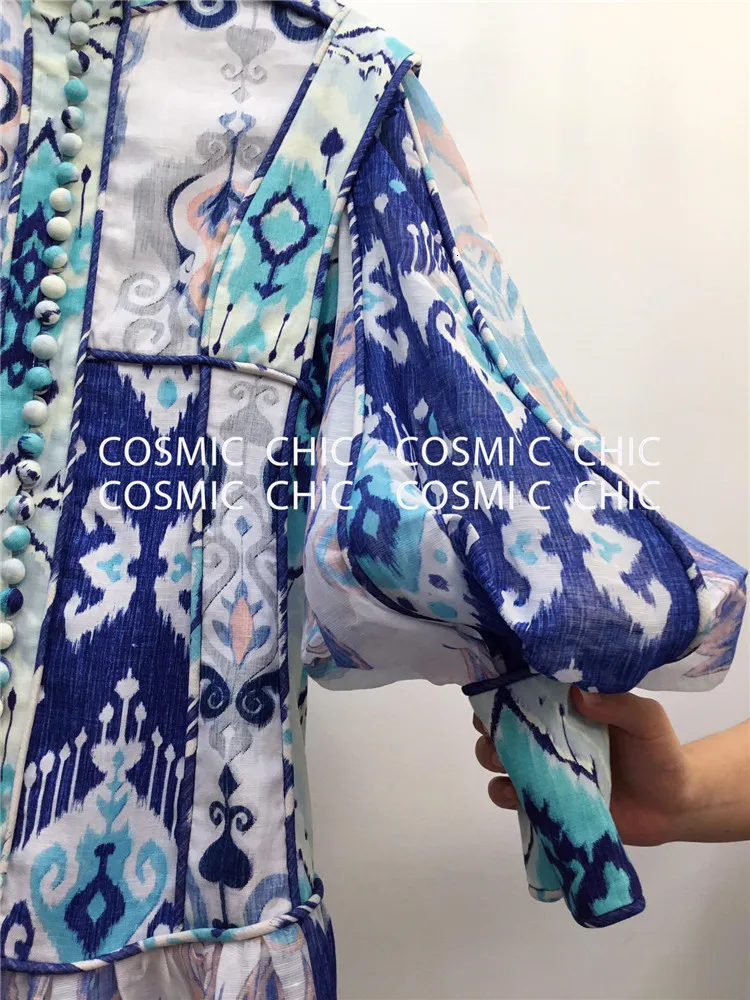 Cosmicchic фонарь с длинным рукавом Бохо льняное короткое платье со стоячим воротником принт рюшами Русалка мини сексуальное винтажное подиумное вечернее платье