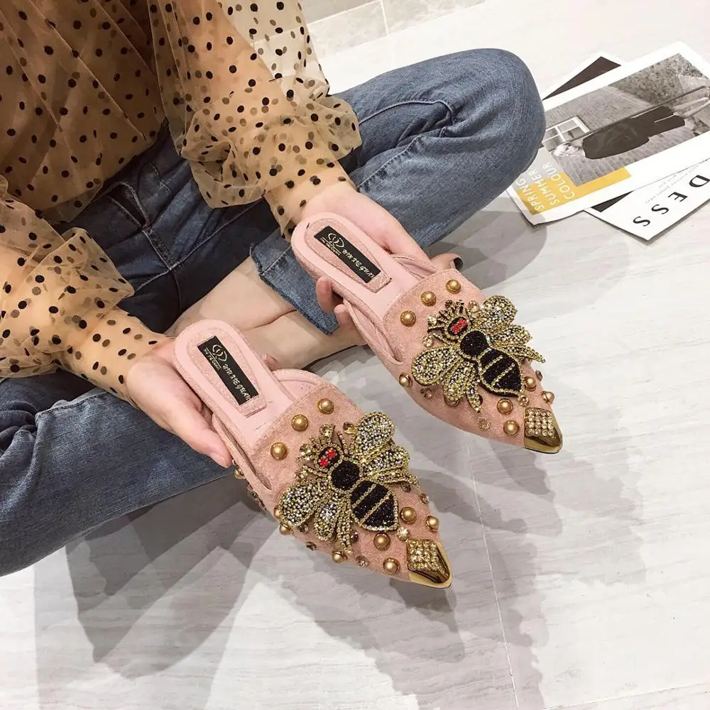 

Women's Slippers 2019 Cover Toe Slides Shoes Without Heel Rivet Jelly Flip Flops New Flat Pointed Glitter Crystal Cover Toe