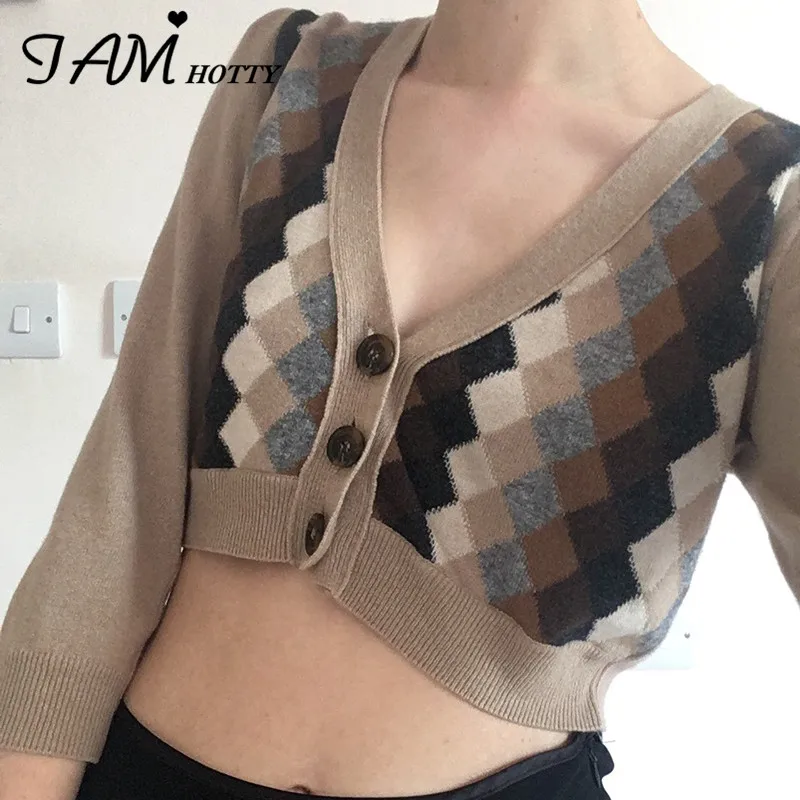 

Y2K Plaid Cropped Cardigan For Women 2020 Knitted Jumper Button-down Sweaters Korean Style Jacket Jersey Female Autumn Iamhotty