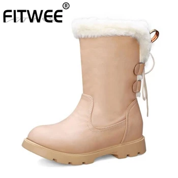 

FITWEE Winter Fur Snow Boots For Women Mid Calf Boots Solid Color Lace Up Round Toe Keep Warm Shoes Woman Footwear Size 32-43