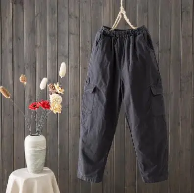 Черный Женские брюки из плотного хлопка с подкладкой из хлопка и льна, зимние однотонные свободные штаны с карманами, женские повседневные брюки - Цвет: Черный