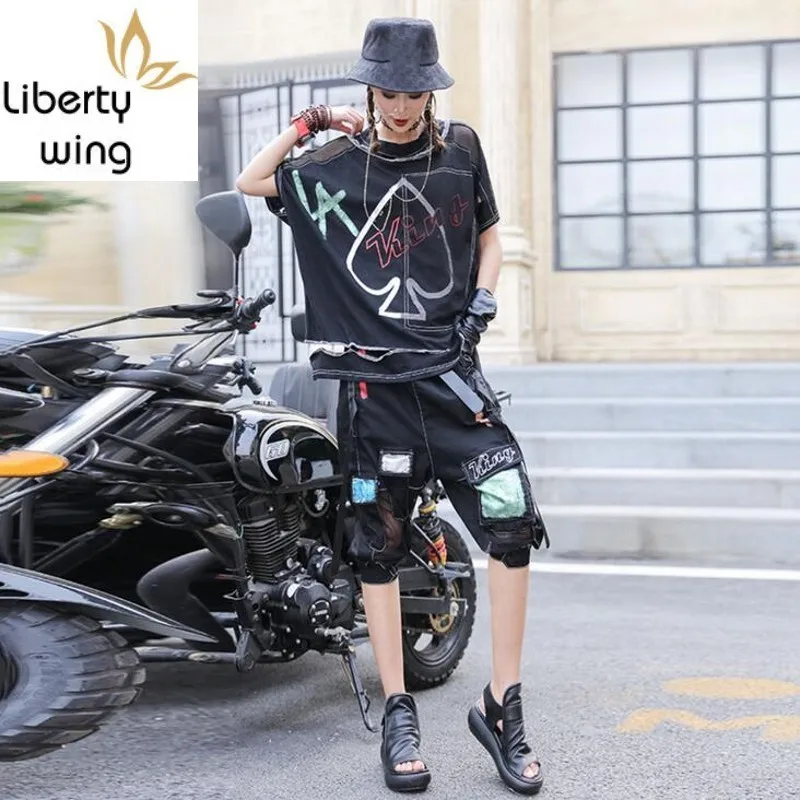 

Gothic Personality Letter Print Mesh Patchwork Women Loose Casual 2Pcs Sets Short Sleeve O-Neck Hole T-Shirts Cross Harem Pants