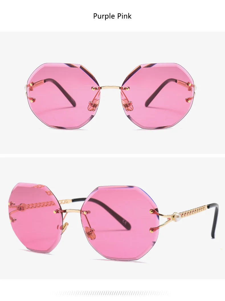 Fashion Rimless Oval Sunglasses Women Pearl Arms Metal Gradient Brown Transparent Round Glasses Elegant Eyewear Feminino
