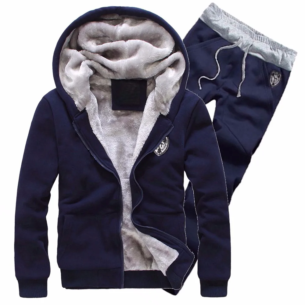 Mens Tracksuit Warm Fleece Sport Hooded Sweatshirt Coat Hoodies+Pants Men Jacket+Pant Warm Fur Inside Winter Sweatshirt 10.18