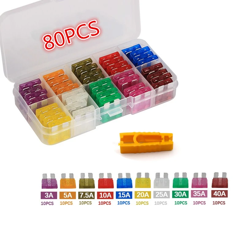 

80Pcs/set 12V 3A- 40A Standard Blade Car Fuses Assortment Car Blade Fuse Auto Boat Motorcycle Fuse