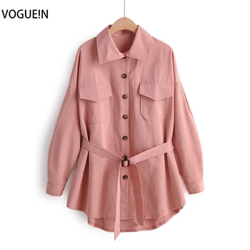 

VOGUEIN New Womens Casual Fall Pink Pockets Long Sleeve With Belt Shirt Coat Outwear Wholesale