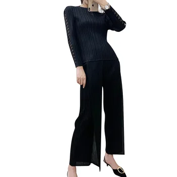 

MIYAKE Fold Suit Large Size Loose Fold Japanese Long Sleeve Top + Broad Leg Trousers Two Kinds of New Autumn Style pant suit