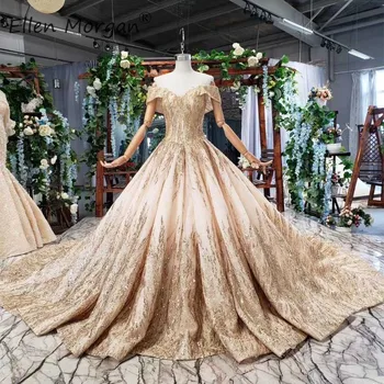 

Luxury Glitter Gold Wedding Dresses Real Photos Ball Gowns 2019 Elegant Off Shoilder Sequins Sleeveless Sequins Vestido De Novia
