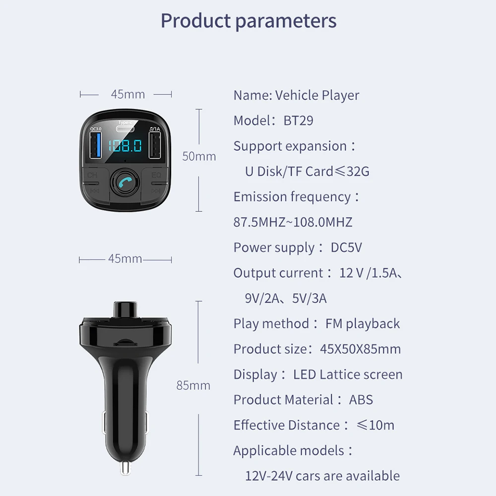 Bluetooth 5,0, Fm передатчик, автомобильный комплект, QC3.0, двойное USB Автомобильное зарядное устройство, светодиодный, решетчатый экран, режим эквалайзера, MP3 модулятор, Новинка