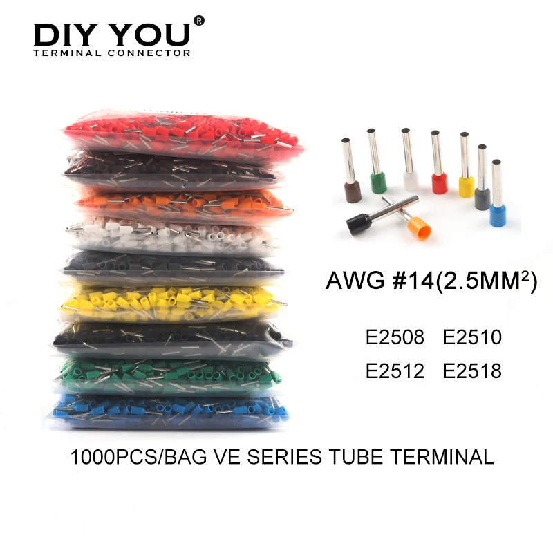 1000pcs E2508 E2510 E2512 E2518 Tube insulating terminal 14 AWG Insulated Cable Wire Connector Insulating Crimp Terminal Connect |