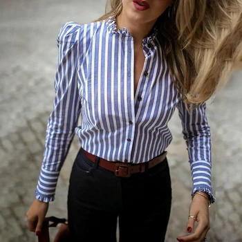 

Women Elegant Office Style Workwear Leisure Shirt Female Basic Top Striped Puffed Sleeve Frill Hem Casual Blouse