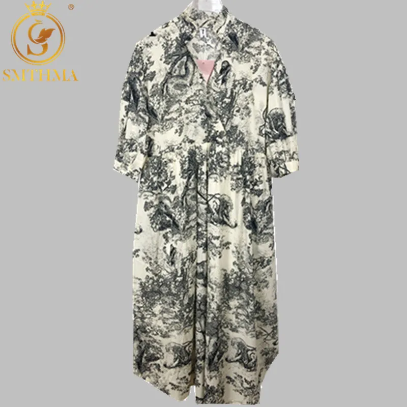 

SMTHMA Runway Design Long Maxi Dress Womens 2019 Summer New Ink totem forest animals Print Loose Dress