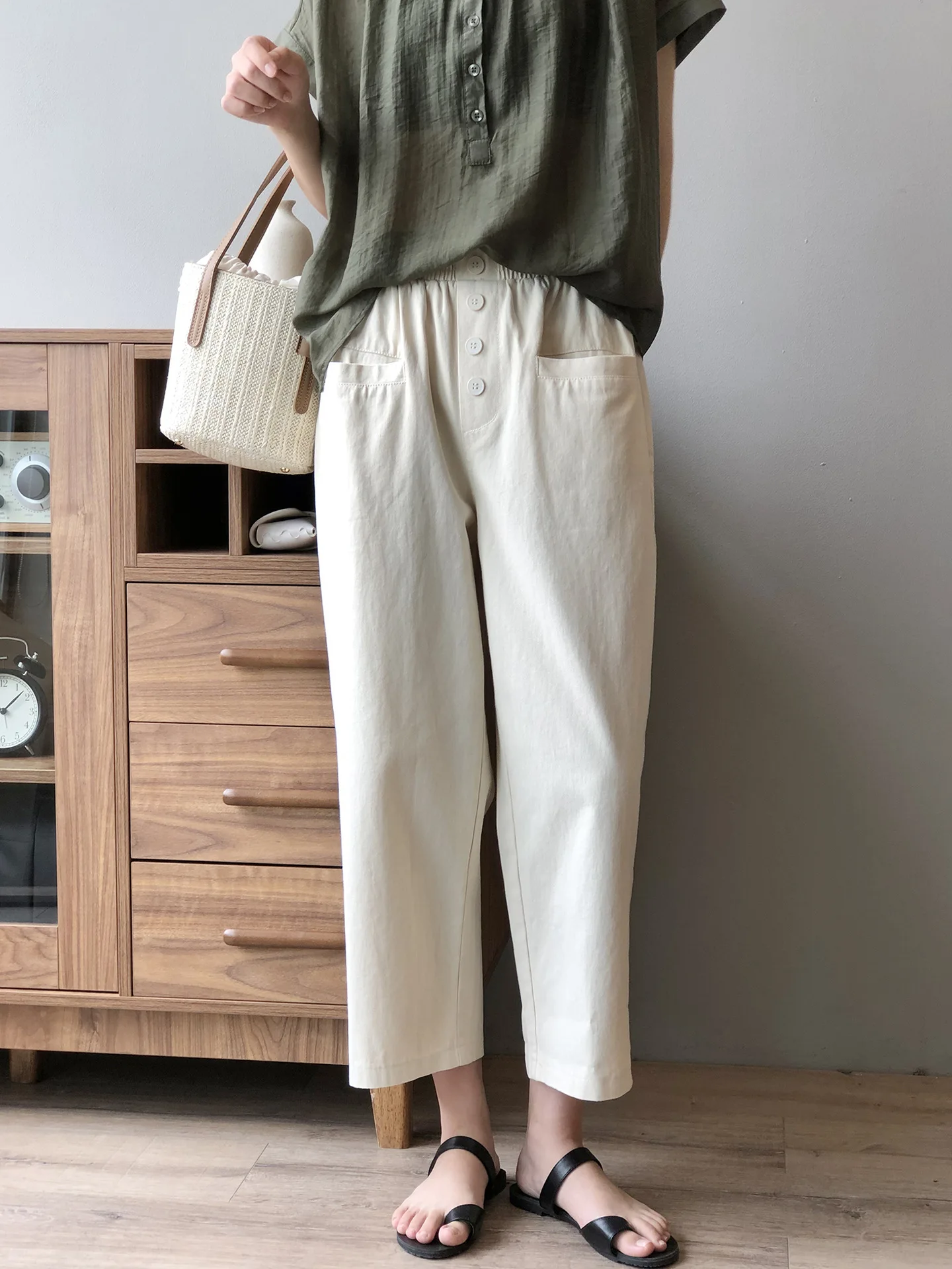 High Waist Wide Leg Pants Women 2020 Autumn New Korean Style Loose Solid Color Elastic Waist Casual Ankle-length Pants