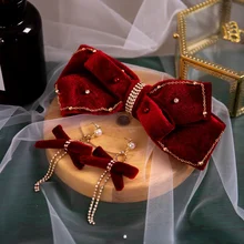 Red Velvet Hand Sewn Gold Edge Bow Hairpin Bridal Temperament Bridesmaid Edge Hairpin Hair Jewelry