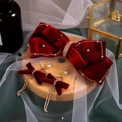 Red Velvet Hand Sewn Gold Edge Bow Hairpin Bridal Temperament Bridesmaid Edge Hairpin Hair Jewelry