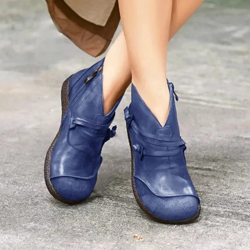 Oeak/ботильоны; женская обувь на плоской подошве из искусственной кожи в стиле ретро; повседневные полусапожки с круглым носком на молнии с пряжкой; Mujer Zapatos; - Цвет: Blue