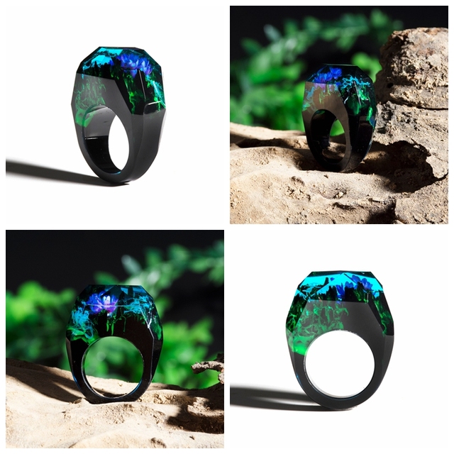 Fashion Wood Resin Ring Female Forest Handmade Rainbow Star Secret Sky Micro Landscape Wooden Ring High Quality Jewelry