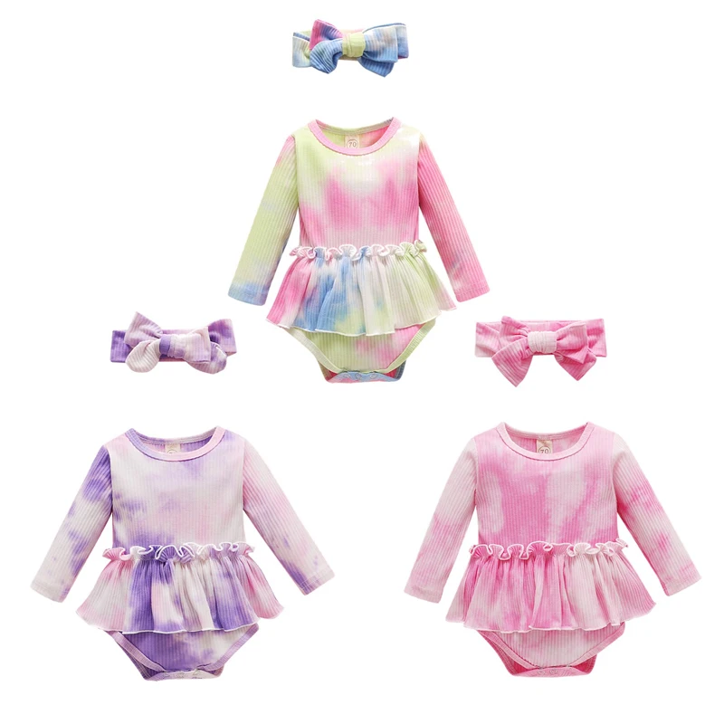 lioraitiin 0-18M Newborn Toddler Baby Girls Tie-dye Romper Long Sleeve Jumpsuit with Ruffle Hem + Bow-knot Headband for Spring | Мать и