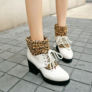 

Ladies Daily Square Hih Heel Gothic Combat Boots for Women Platform Punk Shoes Leopard Flock Cross Tied Ankle Boot 2019