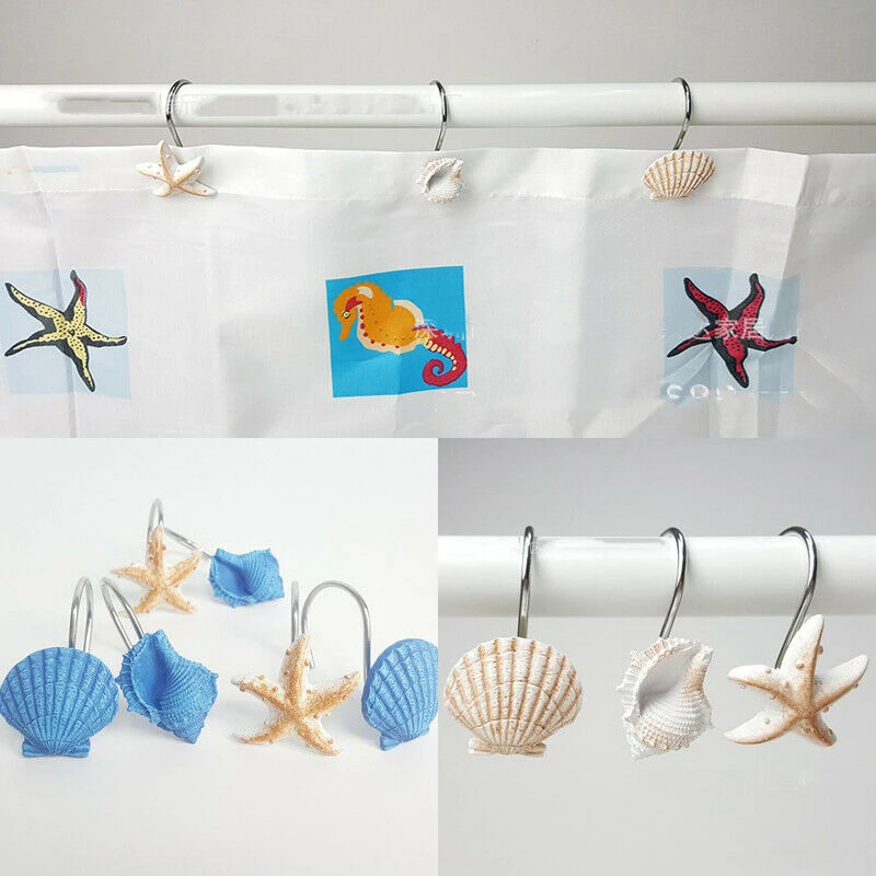 12pcs Resin Decorative Seashell Starfish Shower Curtain Hooks Hanger Rails Home Hotel Bathroom Beach Shell Decor Hook Organizer Shower Curtains Aliexpress