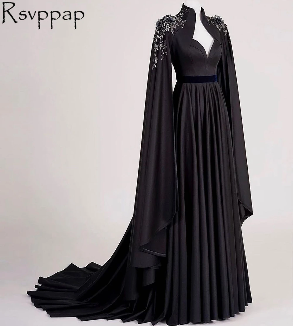 Beaded Long Sleeve Black Long Evening Dresses 2021 Elegant High Neck Satin A-line Dubai Muslim Women Party Formal Evening Gowns formal evening gowns