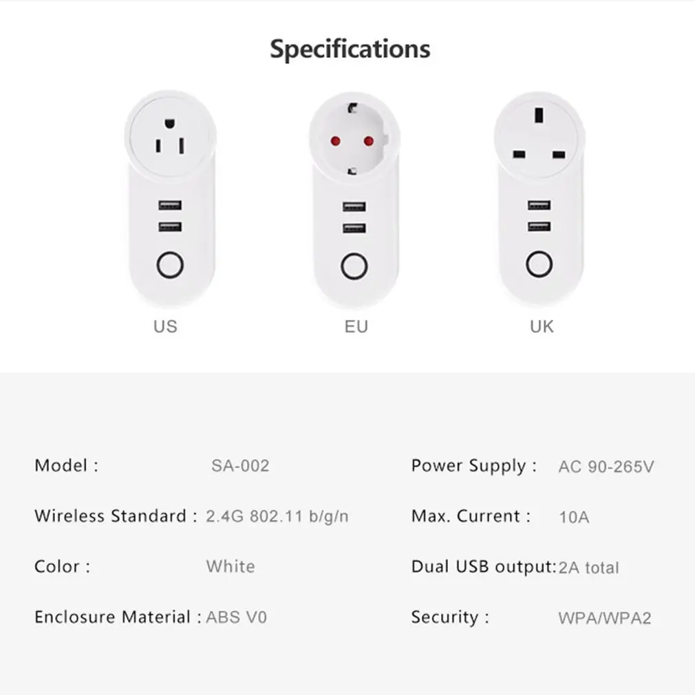 Smart WiFi Mobile Socket with Dual USB Smart WiFi socket Support Amazon Alexa Echo and Google home voice control energy saving