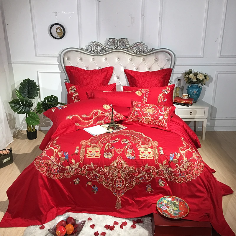 Класса люкс с вышивкой пододеяльник толстый слой набор постельного белья наволочки Красный покрывало наволочка для набор свадебного постельного белья 4/6/9 шт - Цвет: 4