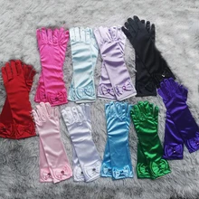 Princess Dance Performance Stage Gloves Satin Sequins Double-laryer Bow Children Long Gloves with Bow Children 's Day Birthday