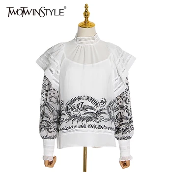 

TWOTWINSTYLE Casual Print Women Blouses Turtleneck Lantern Long Sleeve Loose Hollow Out Shirt Female Fashion Clothing 2020 Tide