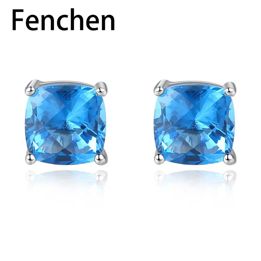 

Fenchen 925 Silver Sterling Square Stud Earrings for Women Party Wraped Blue Gemstone Pendientes Femme Fine Jewelry Gift AE165