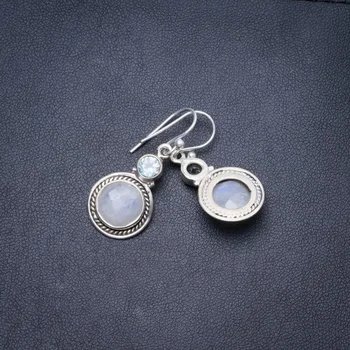 

Natural Rainbow Moonstone and Blue Topaz Handmade Unique 925 Sterling Silver Earrings 1.25" Y3327