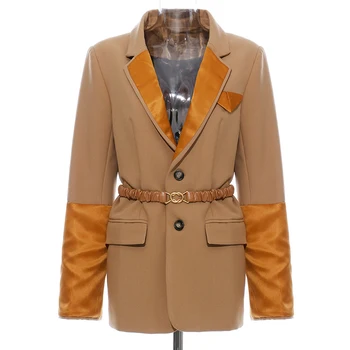 

Hit Color Patchwork Blazers Female Notched Collar Long Sleeve Tunic With Sashes Autumn Suits For Women Fashion Tide