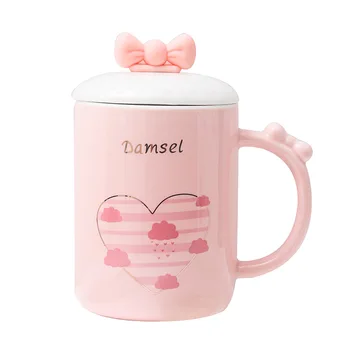 

Cute bow ceramic mug with spoon lid 400ml pink Breakfast cup Capacity Mugs Drinkware Coffee Tea mugs Novelty Gifts milk cup
