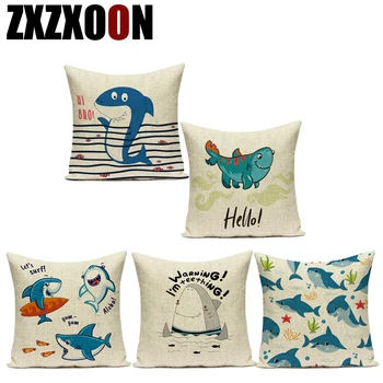 

Cotton Linen Decorative Throw Pillows Case Cute Cartoon Animals Pillow Cushion Cover for Sofa Home Living Room Shark Pillowcase