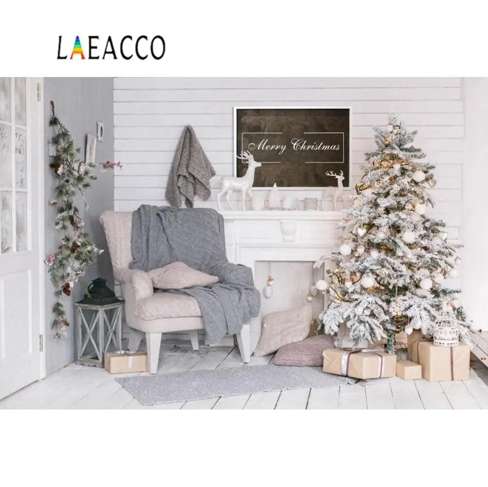 Photo Backdrop Gray House Christmas Reindeer Tree Gift Fireplace Wooden Floor Baby Photography Background Studio Photocall | Электроника