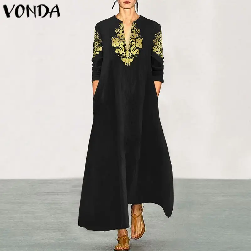 

VONDA Maxi Long Dress Womens Cotton Vintage Printed Robe Femme Casual Loose Maternity Sundress Autumn Sexy V Neck Party Vestidos