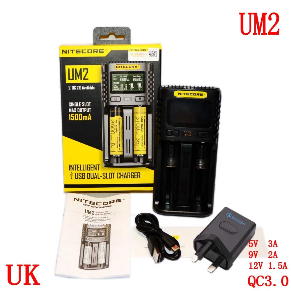 NITECORE UM2 UM4 автоматическое универсальное быстрое зарядное устройство интеллектуальное USB Двухслотовое зарядное устройство ЖК-дисплей литий-ионный IMR аккумулятор 18650 21700 - Цвет: UM2 UK