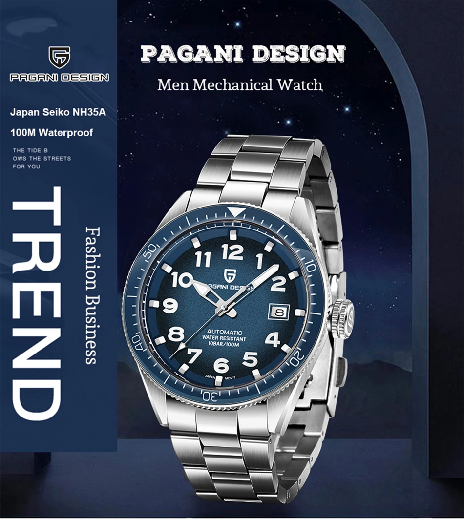 PAGANI DESIGN Luxury Men's Mechanical Wristwatch Top Brand NH35A Movement Blue Automatic 100M Waterproof Watch Relogio Masculino