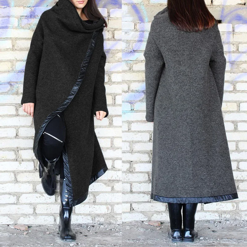 Повседневные свободные длинные шерстяные пальто куртки зимние женские с длинным рукавом Chaqueta Mujer ZANZEA теплые пальто Асимметричная однотонная верхняя одежда