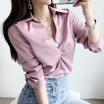

Mazefeng New 2020 Women Summer Blouses Shirts Fashionable Solid Multi Colors Satin Casual V-Neck Wild Sexy Pink Tops One Size