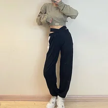  XUXI  Elasticity Cross Cotton Pants, Women High Waist Splicing Casual Pants, Loose Pencil Pants Trousers, Autumn 2021, E4131 