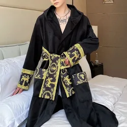 Luxury Winter Black Gold Paisley Velvet Robe Men  Long Nightgown Hooded Robe Men Warm Bath Robe Sleepwear Clothing