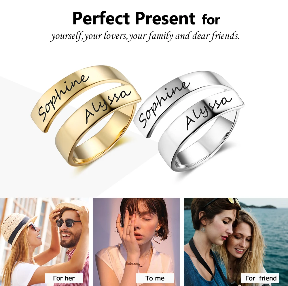 Fashion Personalized Ring Classic Stainless Steel Adjustable Jewelry Custom 2 Names Engraved Simple Promise Ring Gift for Women