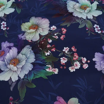 

Natural Silk Fabric Dark Blue Large Flower Print 93% Silk 7% Spandex 19 MM Real Elastic Satin Soft Cheongsam Dress