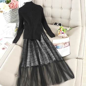 

kpop Sweater Knitted Dress female Spring 2020 New fashion Irregular Sweater Skirts Suit Elegant Long Section Two-Piece OK099