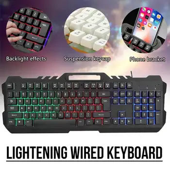

Gaming Mechanical Keyboard Wired Illuminated Ergonomic With LED Backlight Phone Holder for Office Home Desktop PC Computer Gamer
