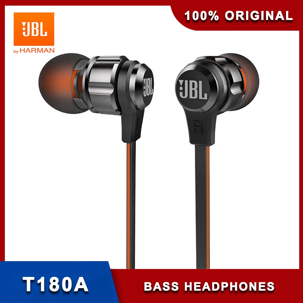 JBL-auriculares intrauditivos estéreo T180A, cascos deportivos con cable de  3,5mm para juegos, manos libres con micrófono