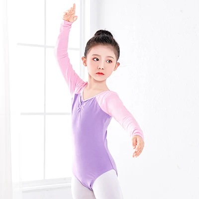 Pink with Purple Стиль, детское балетное гимнастическое боди с длинным рукавом, танцевальное боди, детское танцевальное трико для девочек - Цвет: Pink with Purple