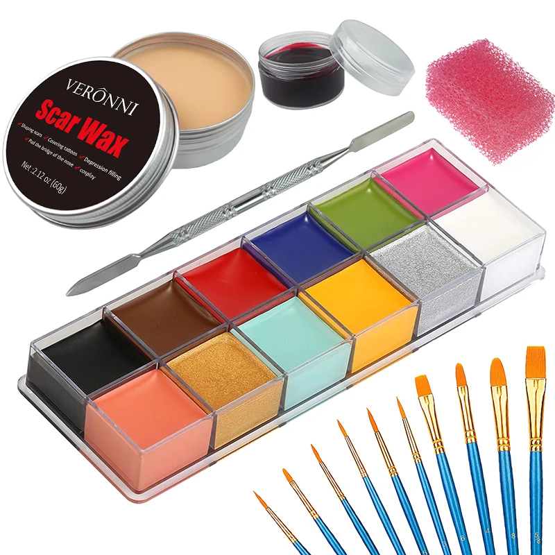 SFX Makeup Kit 12 Color Face Body Paint Oil Stage Special Effects Halloween Wound Scar Wax Makeup Fake Scab Blood Spatula Paint